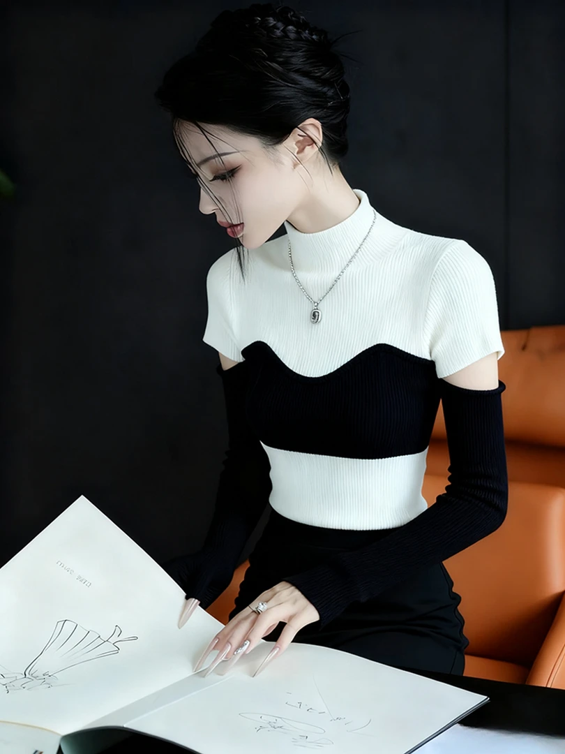 早秋巨好看轻熟上衣设计感巨好看独特漂亮气质高端黑白撞色针织衫