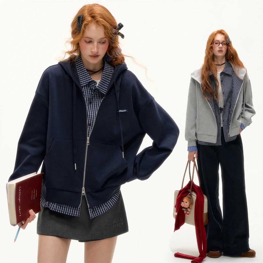 AsGony 假两件格纹拼接连帽拉链卫衣外套美式复古宽松休闲上衣女
