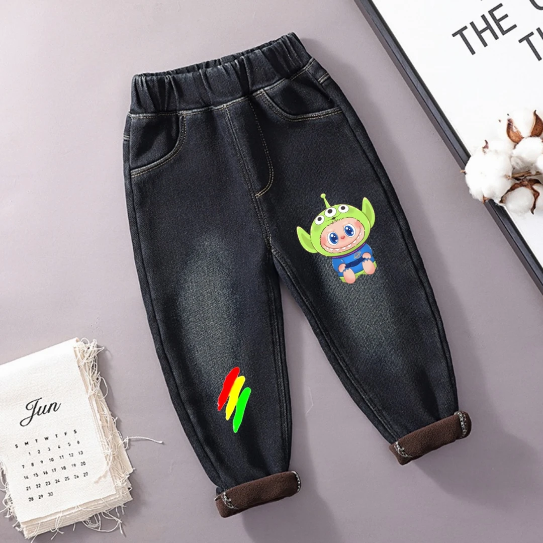 男童裤子2025新款秋冬加绒帅气牛仔裤中小童长裤个性一体绒羊羔绒