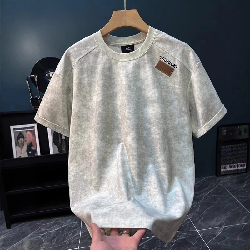 2025夏季新款美式潮牌字母绣标短袖男士网红ins扎染套头圆领半袖