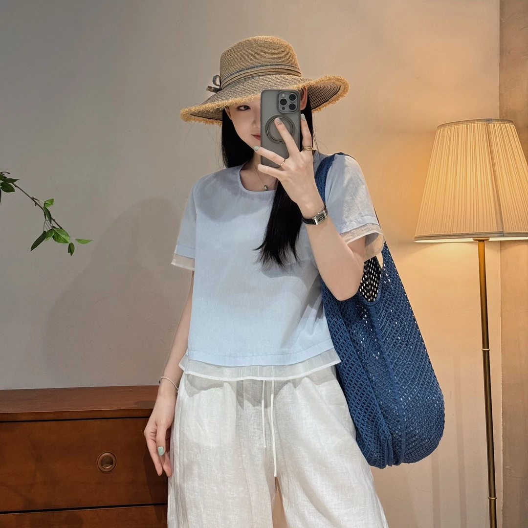 韩系2025ins时尚百搭文艺设计感拼接短袖小衫-J25218301