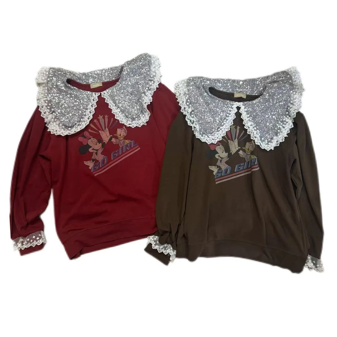 【王小小339】  韩国INS时尚海军领亮片蕾丝印花卡通打底衫