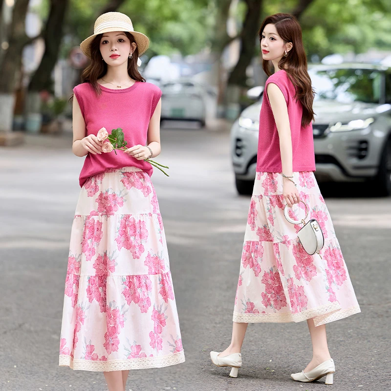 2025年夏季新款法式复古气质收腰显瘦短袖上衣高腰半身裙两件套女