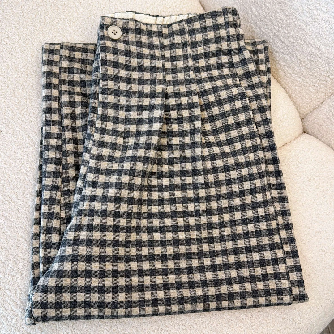 2025春季新款复古格子裤女半松紧垂感宽松百搭显瘦经典阔腿裤