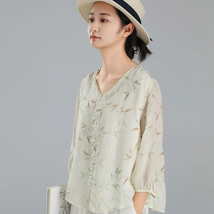 尘染休闲宽松v领衬衣女2025早春款苎麻数码印花上衣修身百搭小衫
