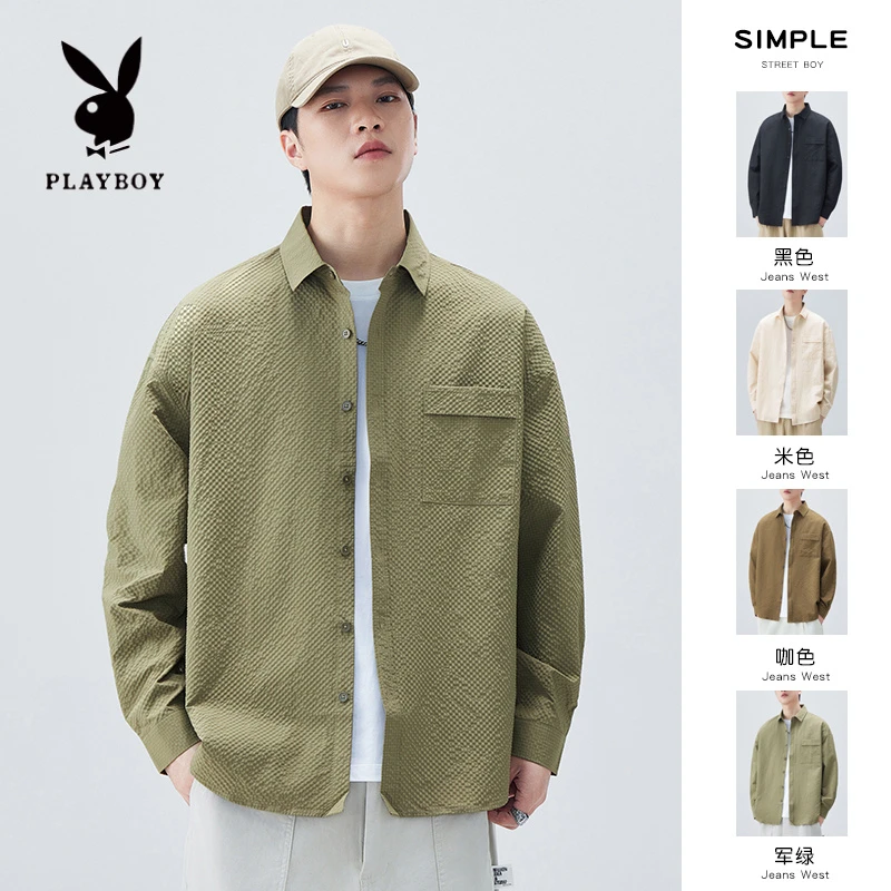 PLAYBOY/花花公子长袖衬衫男士2025秋季休闲美式宽松工装衬衣外套