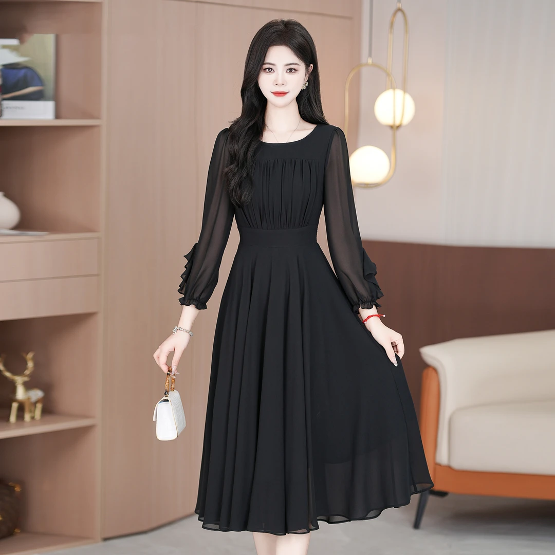 【现货】2025年秋季尤莱特穿搭纯色时尚气质显瘦松紧腰长裙连衣裙女