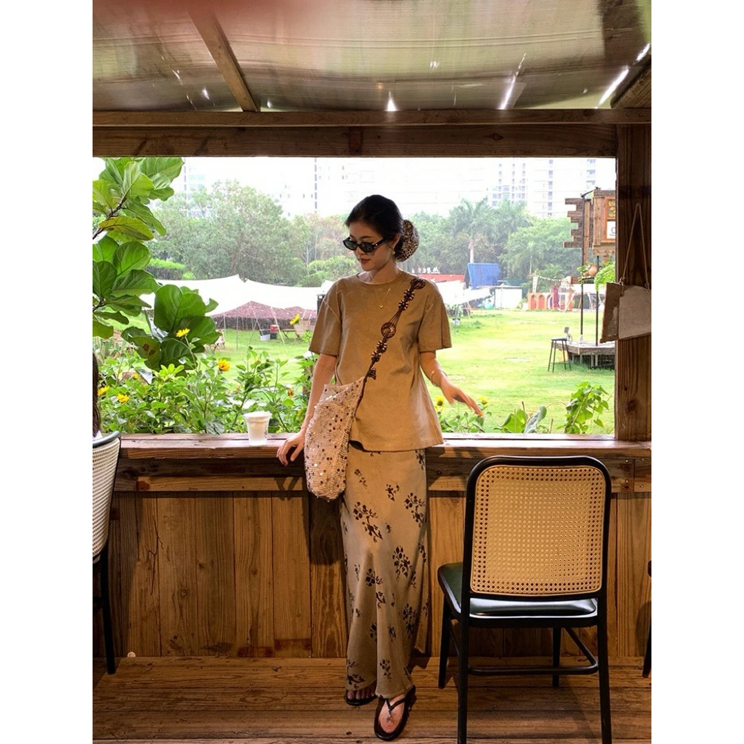 【云絮炒色】新中式气质简约慵懒风宽松T恤~轻奢墨色碎花裙子半裙