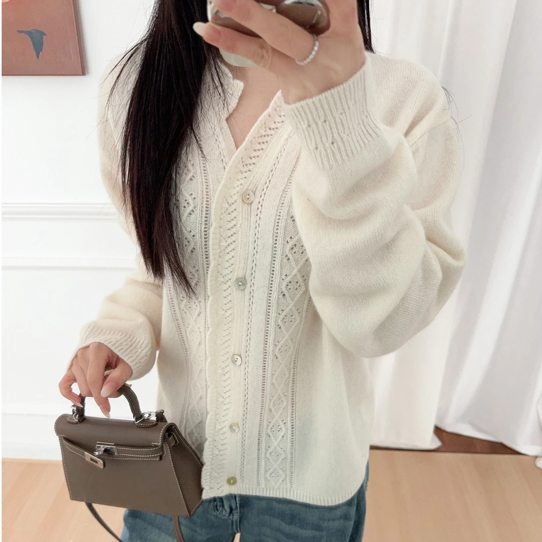 100%羊毛韩系开衫花边领镂空毛针织衫复古V领提花毛衣新款秋冬女