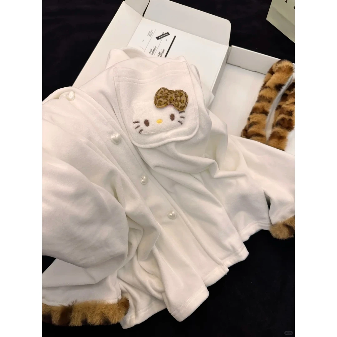 韩系甜酷豹纹kitty德绒睡衣女秋冬新款加厚加绒套装保暖家居服