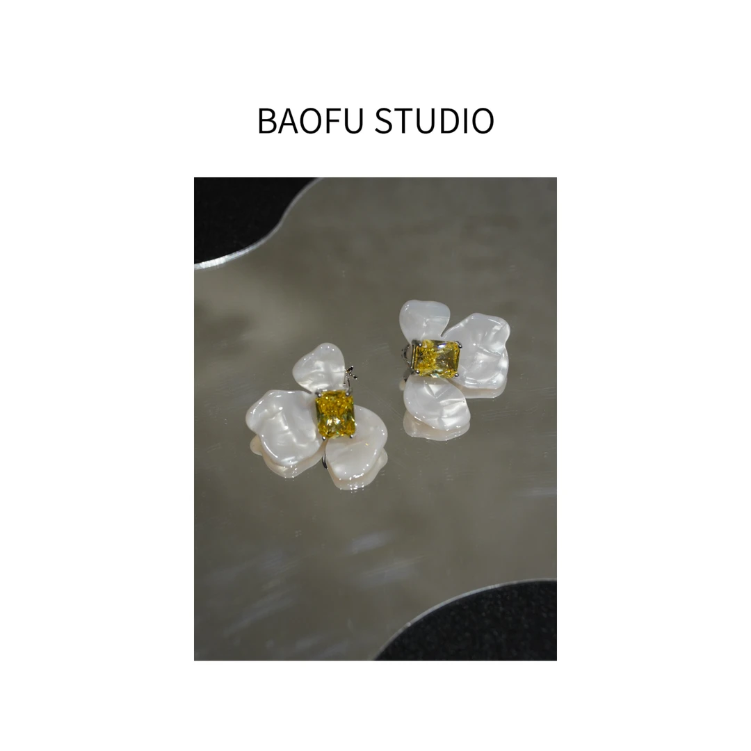 合金锆石耳饰 BAOFU studio | Bling法式方糖锆石花朵耳钉两戴