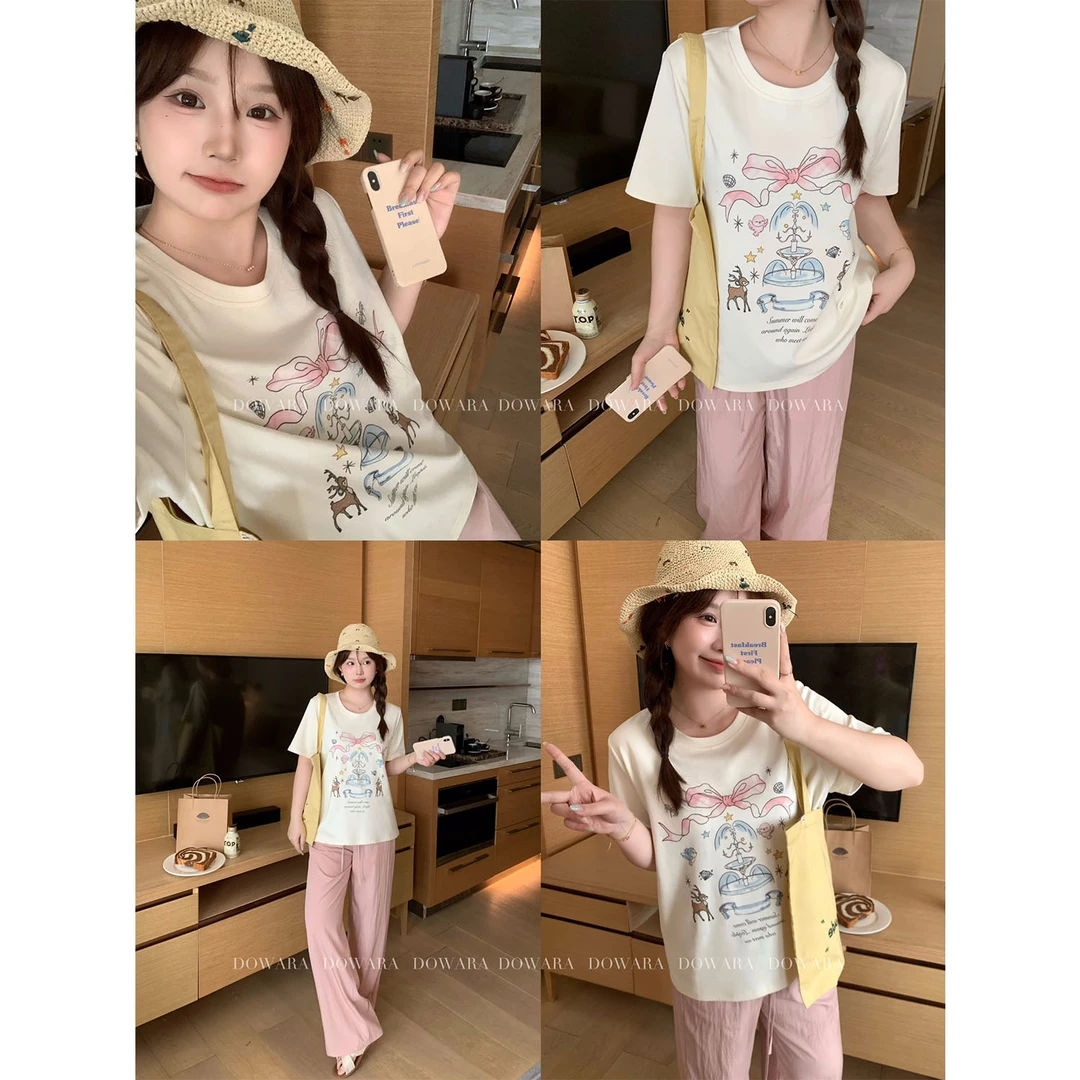 现货6747D大婉酱千千微胖定制韩系正肩圆领T恤设计感软糯短袖上衣