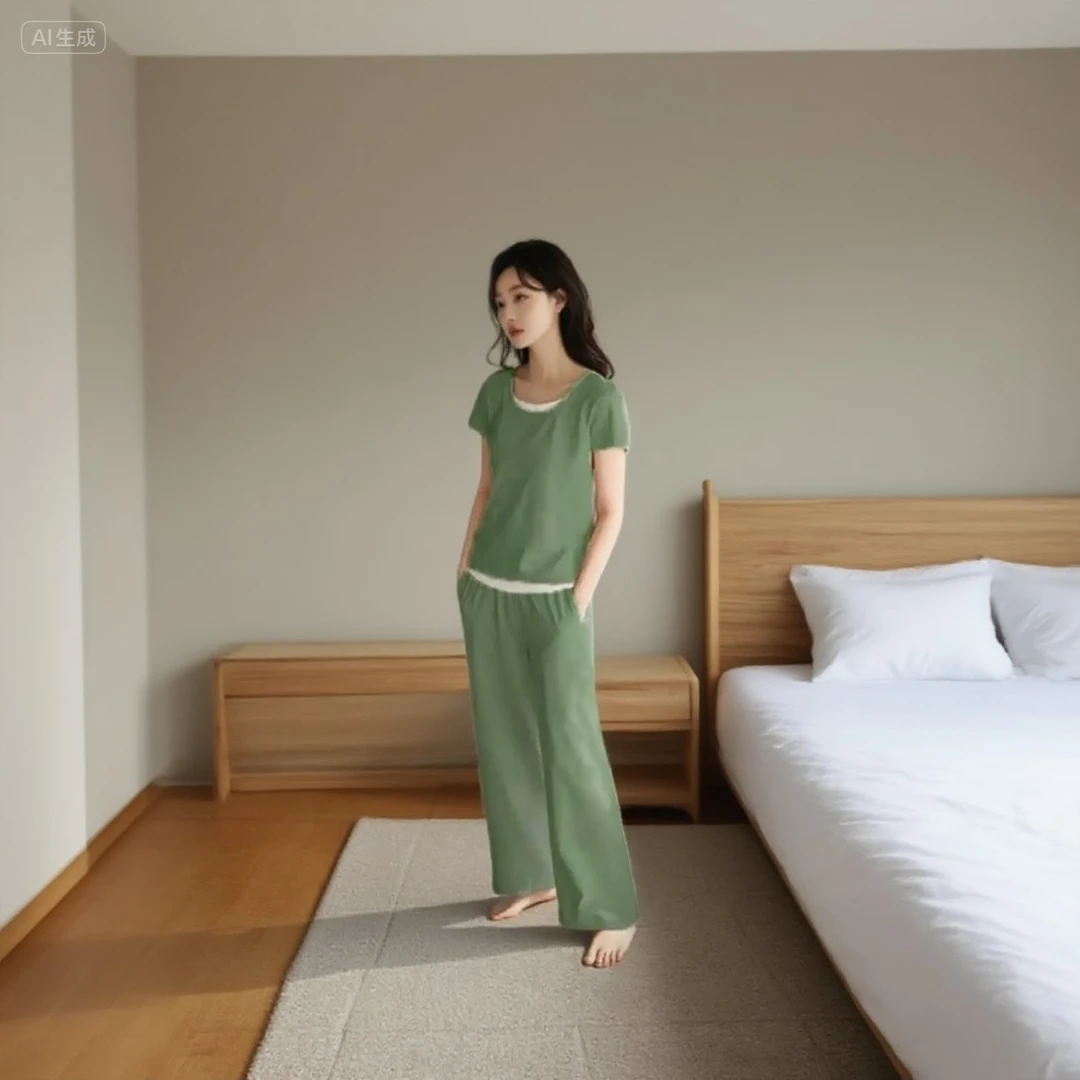 夏季莫代尔棉睡衣套装薄款短袖长裤女式舒适家居服绿色
