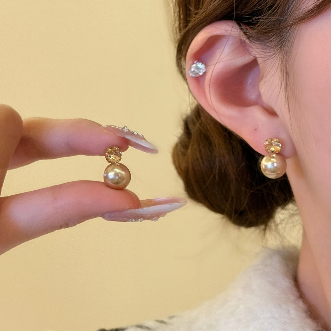 铜合金仿珍珠耳饰  法式香槟金水钻珍珠耳环轻奢高级秋冬温柔耳饰
