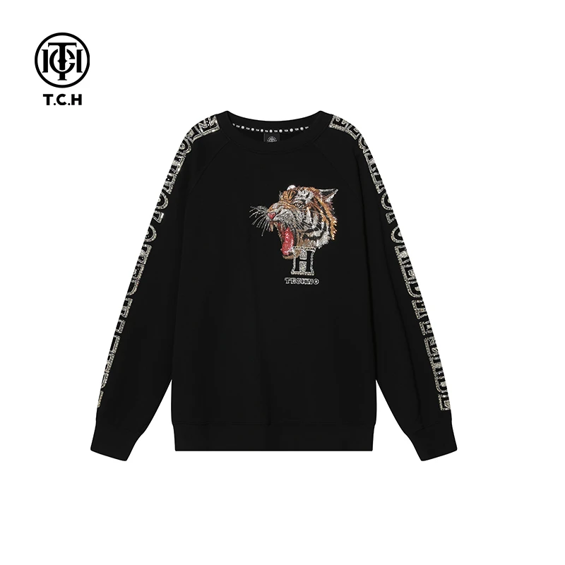 奥莱-TCH潮牌卫衣套头烫钻虎头字母拼色休闲圆领卫衣T69A116030