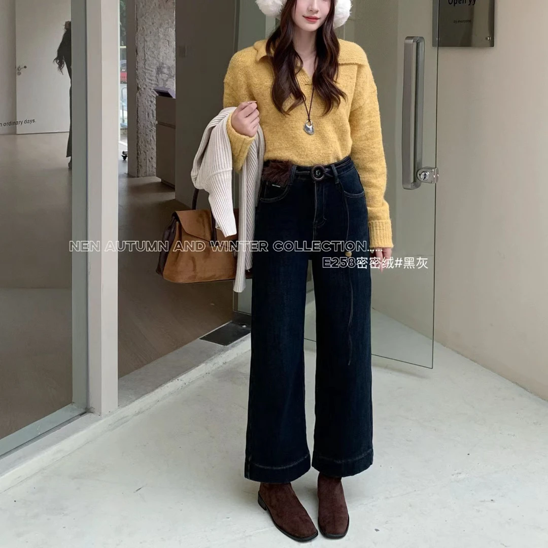 青青【发热蜜蜜绒】加厚高腰直筒牛仔裤女宽松显瘦百搭小个子直筒裤