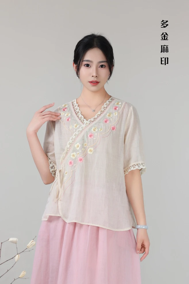 多金麻印25夏款女士立领花朵刺绣苎麻中式短款上衣小衫茶服2619
