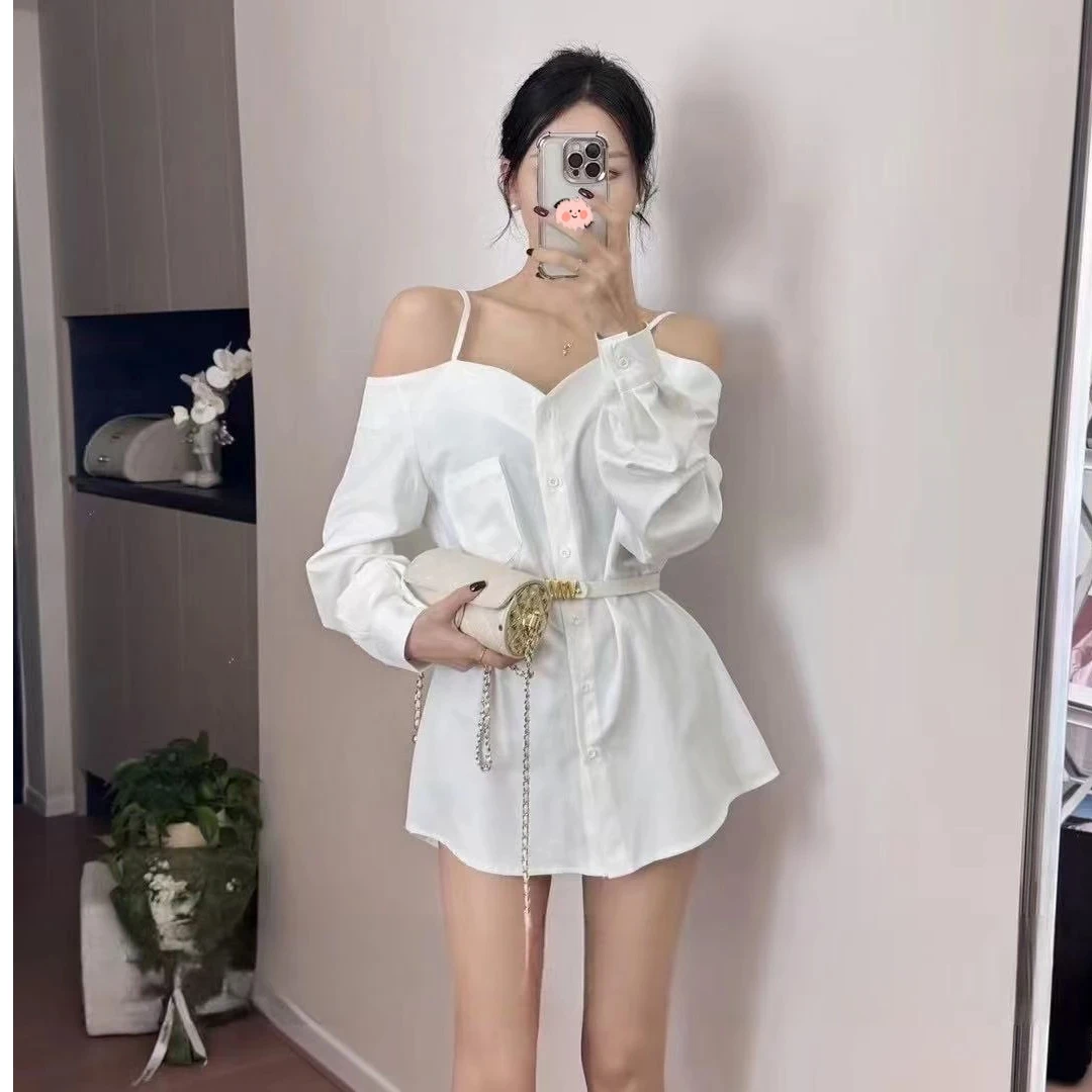 一字肩吊带长袖衬衫女2025春夏季新款休闲高级感中长款露肩衬衫裙