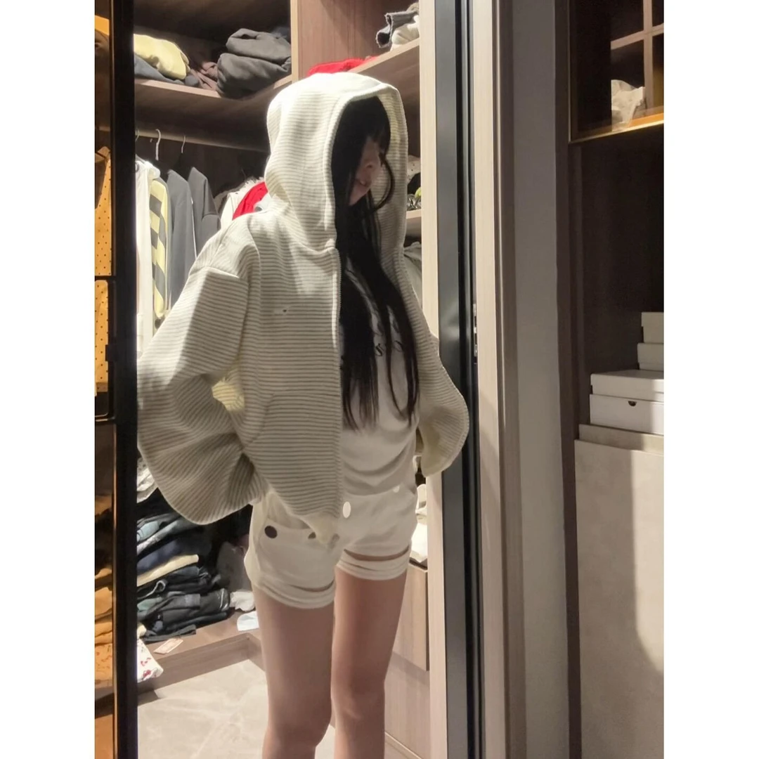 爆款流光风条纹拉链秋冬外套设计感连帽加绒加厚卫衣女宽松显瘦潮