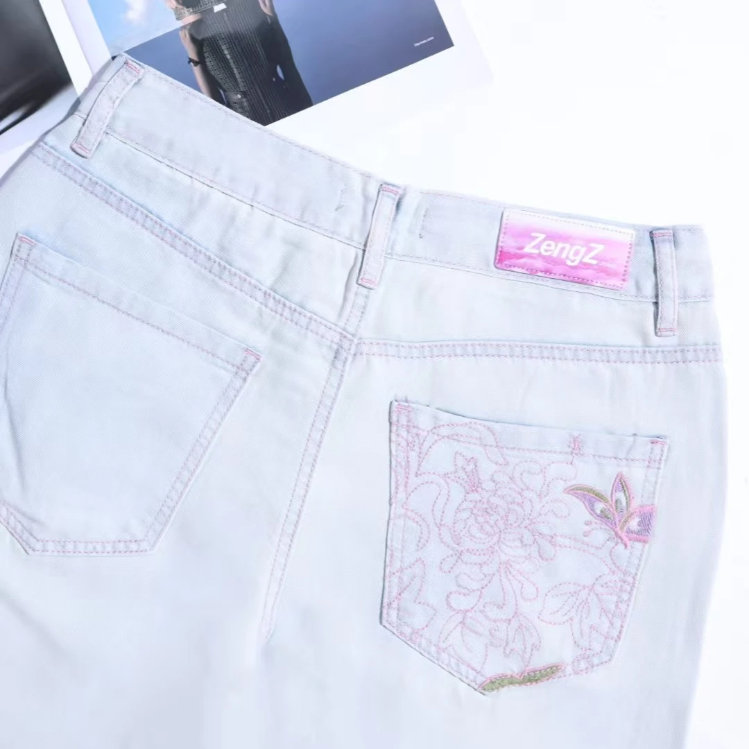 【苍兰天丝莱赛尔】春夏新款刺绣牛仔裤高腰窄版直筒显瘦女裤