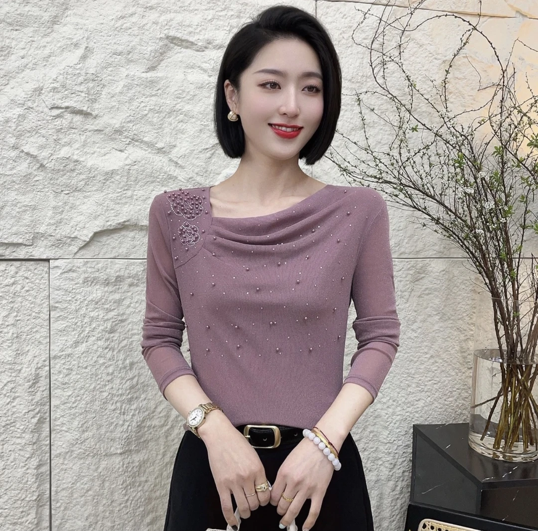 2025早春新款时尚百搭洋气精品琉璃网纱斜领烫钻钉珠小衫T恤#2536