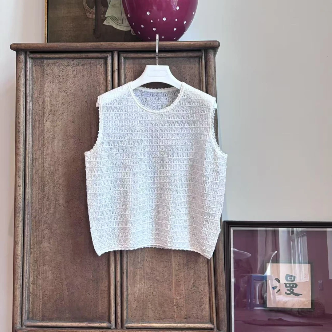 MYL 2025夏季新品美丽诺羊毛白色镂空针织背心花边圆领无袖针织衫