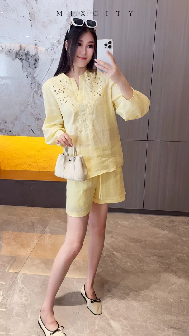 【亚楠本楠】奶黄套装◆轻盈细腻高密刺绣100%亚麻套装8014