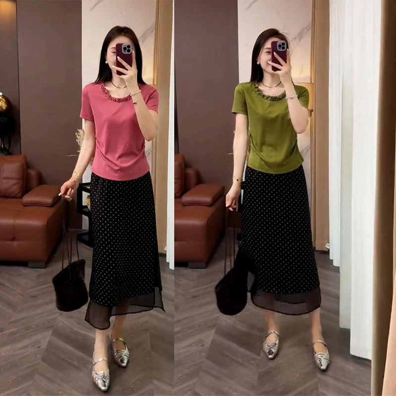 法式通勤气质套装女夏季2025设计感短袖上衣显瘦波点半身裙两件套