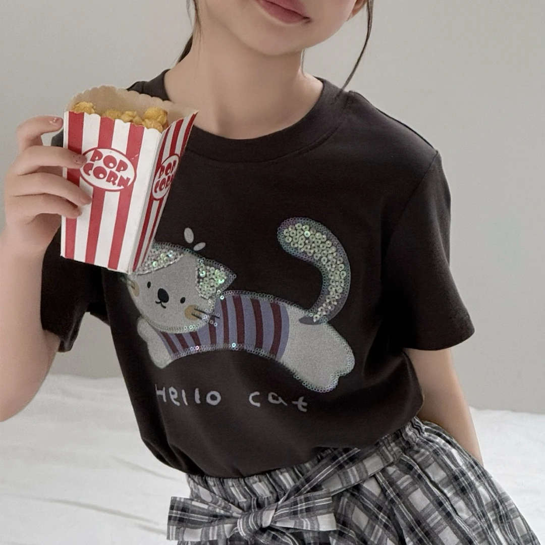 3007童装亮片小猫短袖T