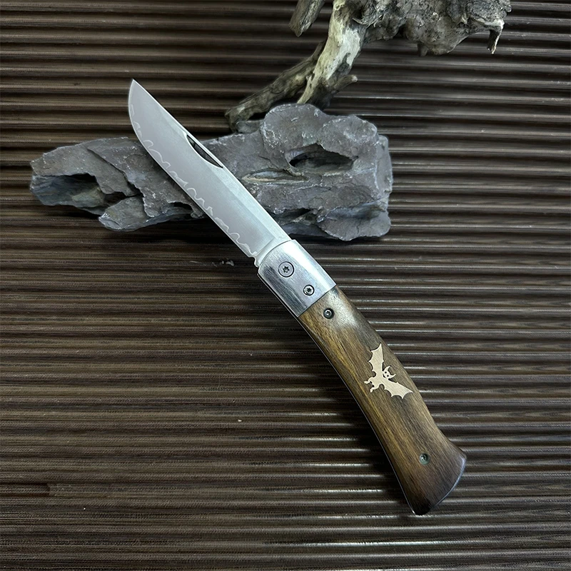 高硬度三合钢实木柄黄铜蝙蝠镶嵌折叠刀水果刀户外切肉小刀钓鱼刀