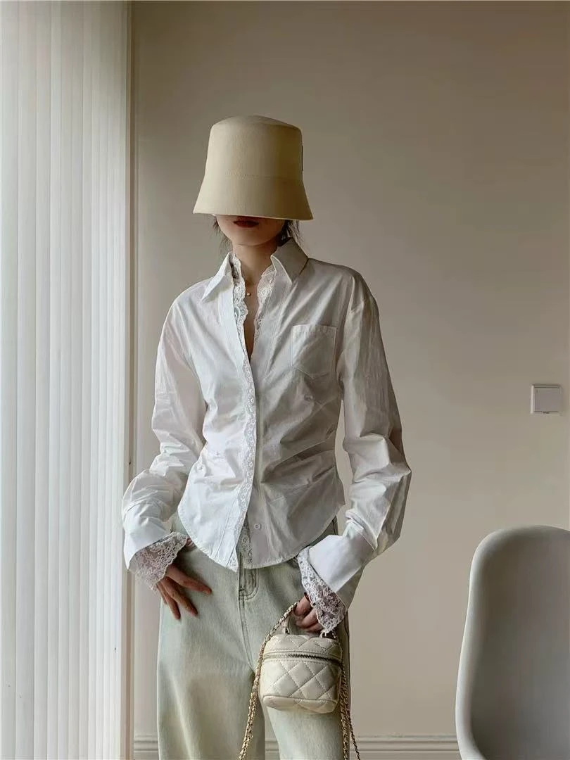 【66321】米#蕾丝拼接褶皱衬衫上衣