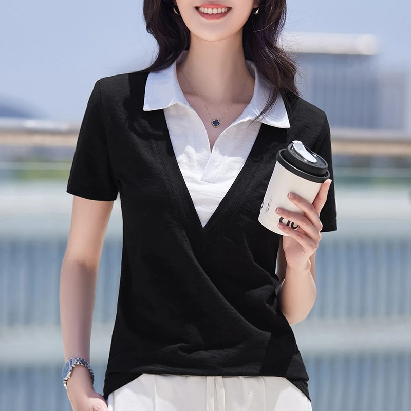 黑色有领短袖t恤女夏polo领新款上衣2025纯棉翻领假两件半袖体恤