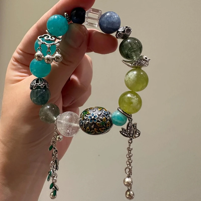 925银手链 S11214<秋梦>多宝串珠滴胶绿叶流苏蝴蝶弹力手串多样性