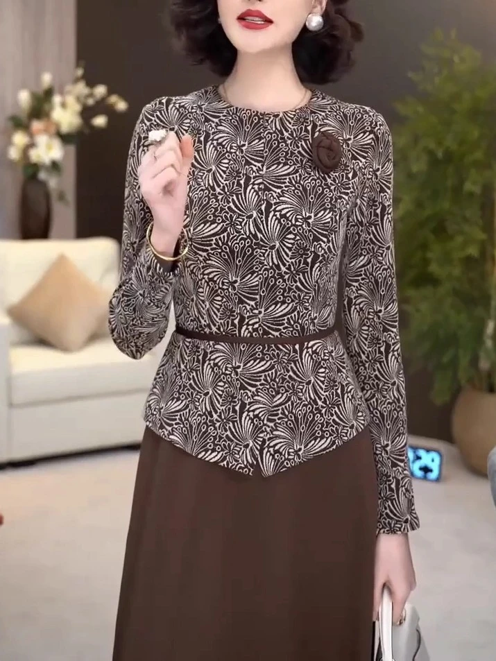 高端时尚轻奢高级感假两件印花裙女收腰显瘦遮肉减龄优雅连衣裙潮