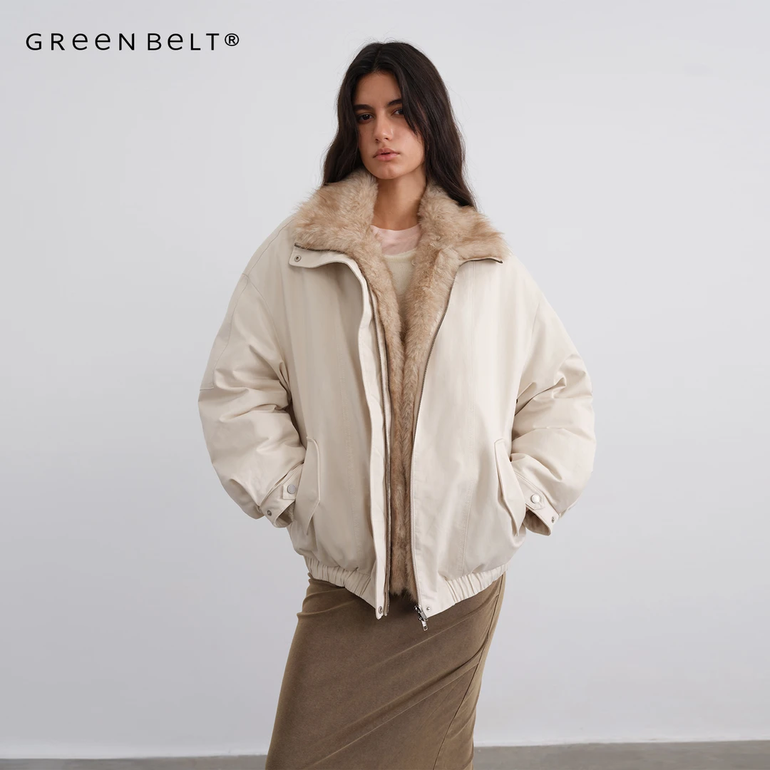 GREEN BELT城野牧境25冬保暖短款羽绒服女拼接毛宽松休闲派克外套