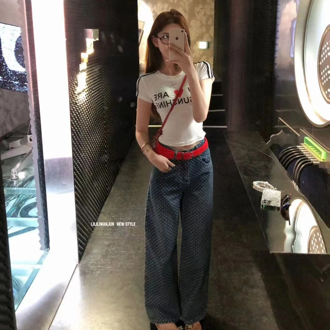 婉君【复古波点牛仔】夏季显瘦宽松阔腿设计感牛仔裤LWJ24B2K1044