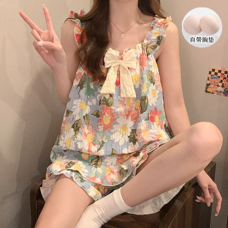 吊带睡衣女夏季薄款带胸垫防凸点甜美公主风少女可外穿家居服套装