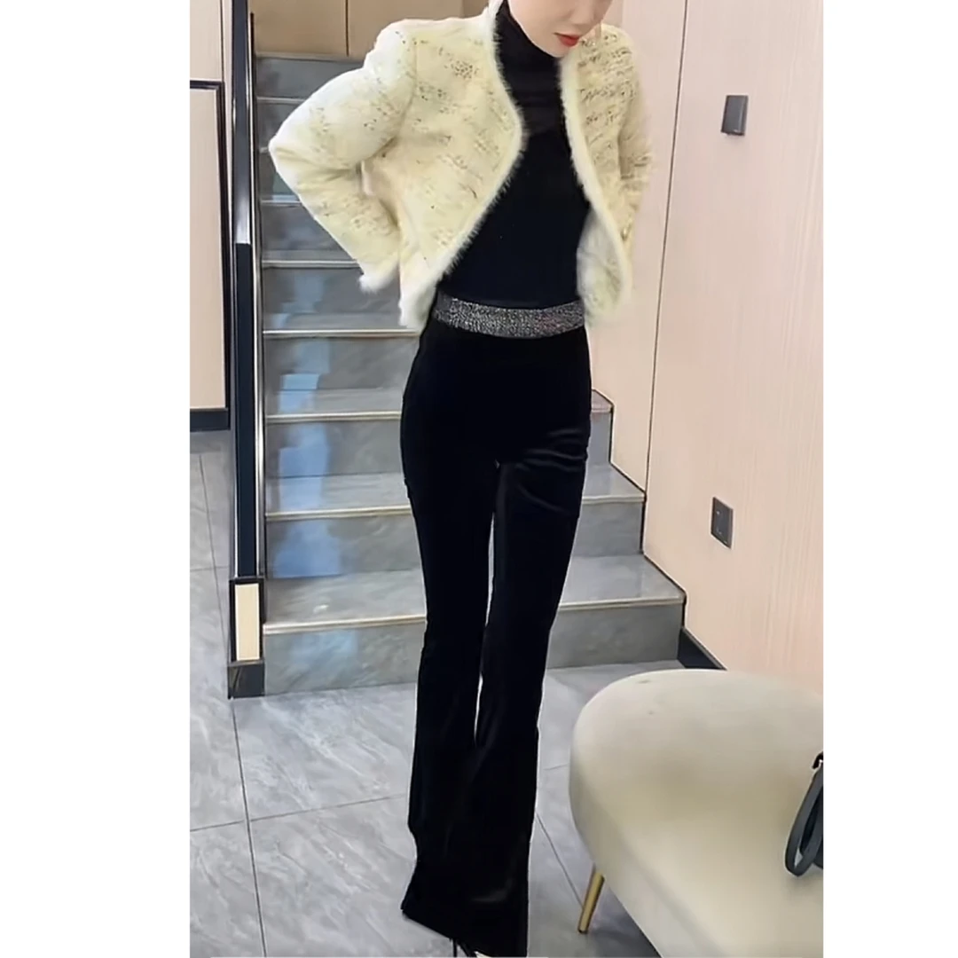 时尚百搭休闲微喇裤外套时装套装秋冬新款显瘦