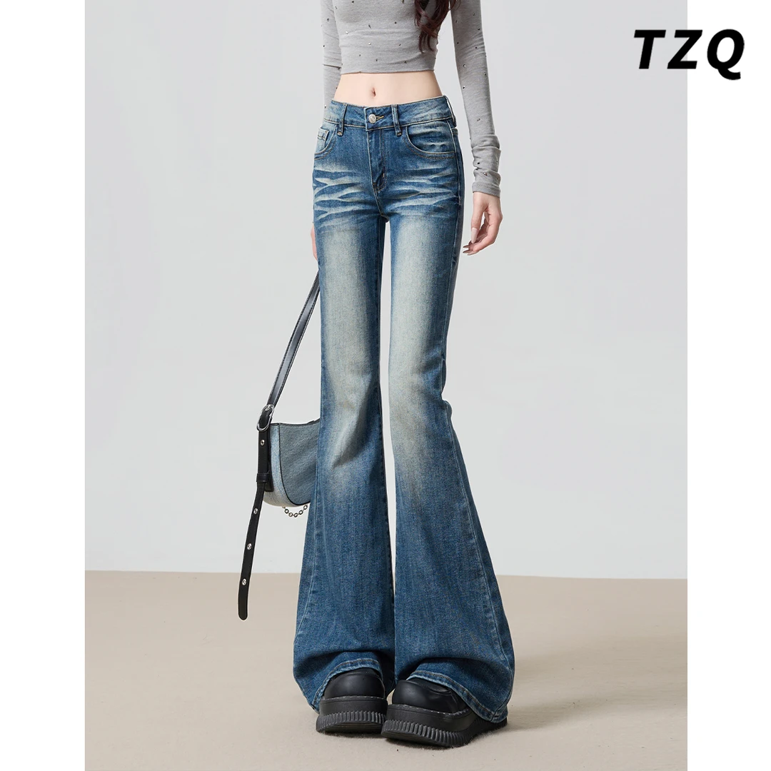 美式低腰复古微喇牛仔裤女款爆款2025新款秋季显瘦修身弹力喇叭裤