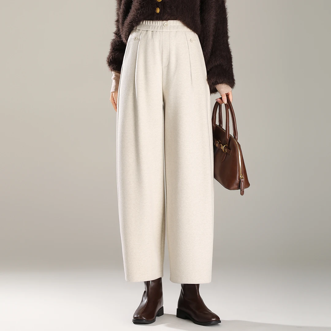 羊毛呢糯米萝卜裤女2025秋冬加厚高腰显瘦宽松休闲阔腿九分哈伦裤