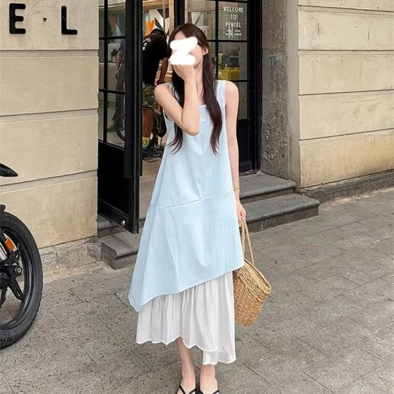 蓝色无袖白色背心连衣裙女夏季法式气质感海边度假长裙小个子显瘦