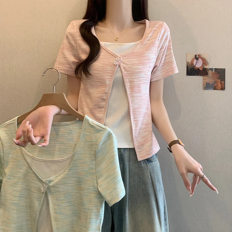 大码女装甜辣妹正肩短袖T恤夏季纯欲风设计感假两件修身短款上衣