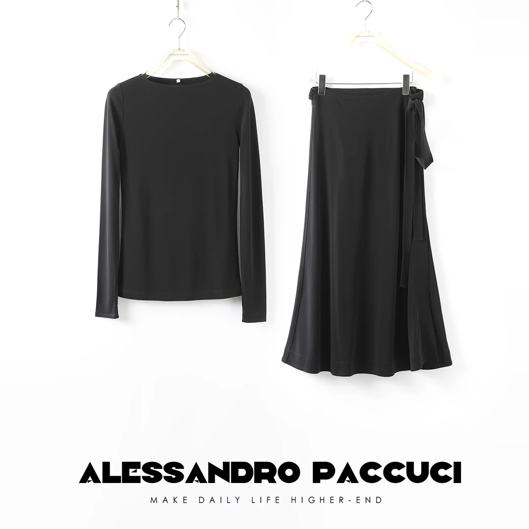 AP洛哥21003X 时尚百搭黑色一字领长袖套头衫/系带半身长裙