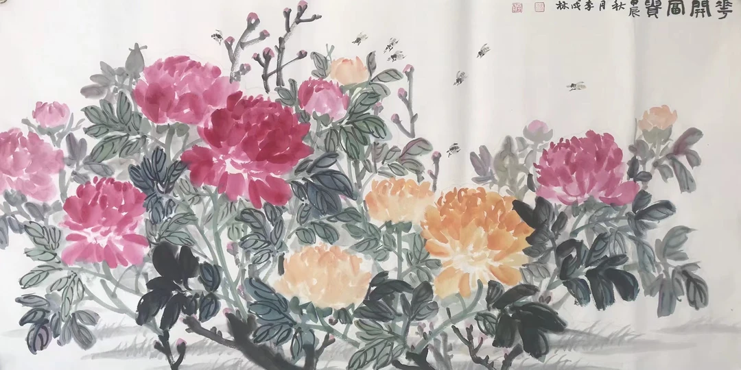 国画装饰画（花开富贵）136✖️68公分四尺整挂画