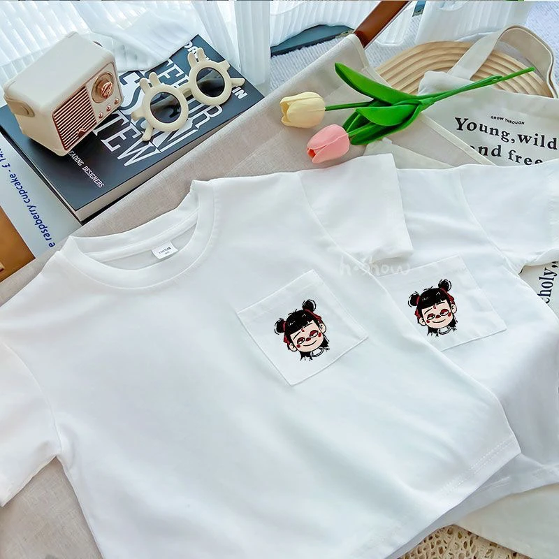 哪吒儿童夏季百搭短袖宽松男童T恤小童女童韩版纯棉白色宝宝t夏装