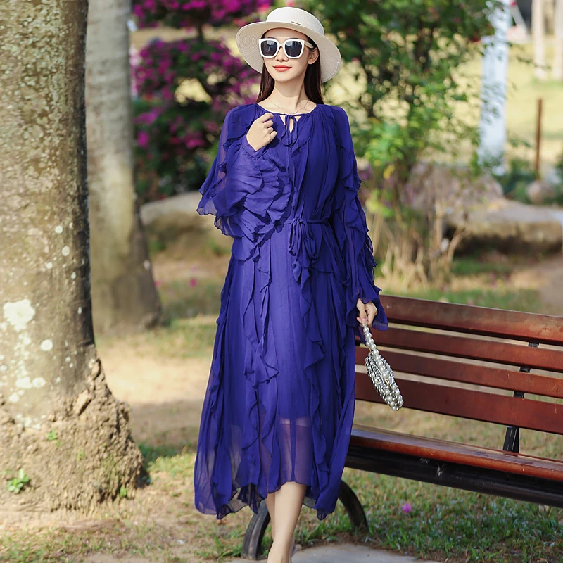 拜占庭的森林桑蚕丝纯色百搭气质轻奢减龄时尚设计高贵女士连衣裙