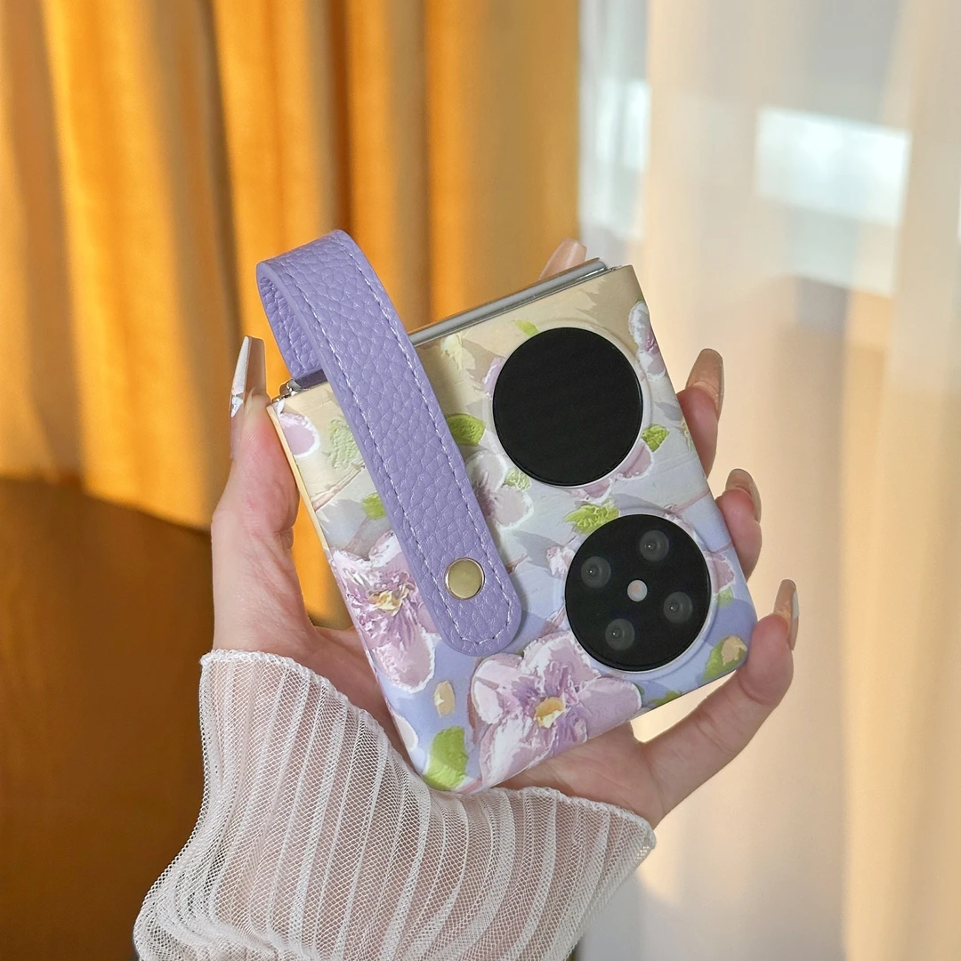 适用华为P50 Pocket 2折叠屏手机壳小清新油画感花朵皮腕带保护套