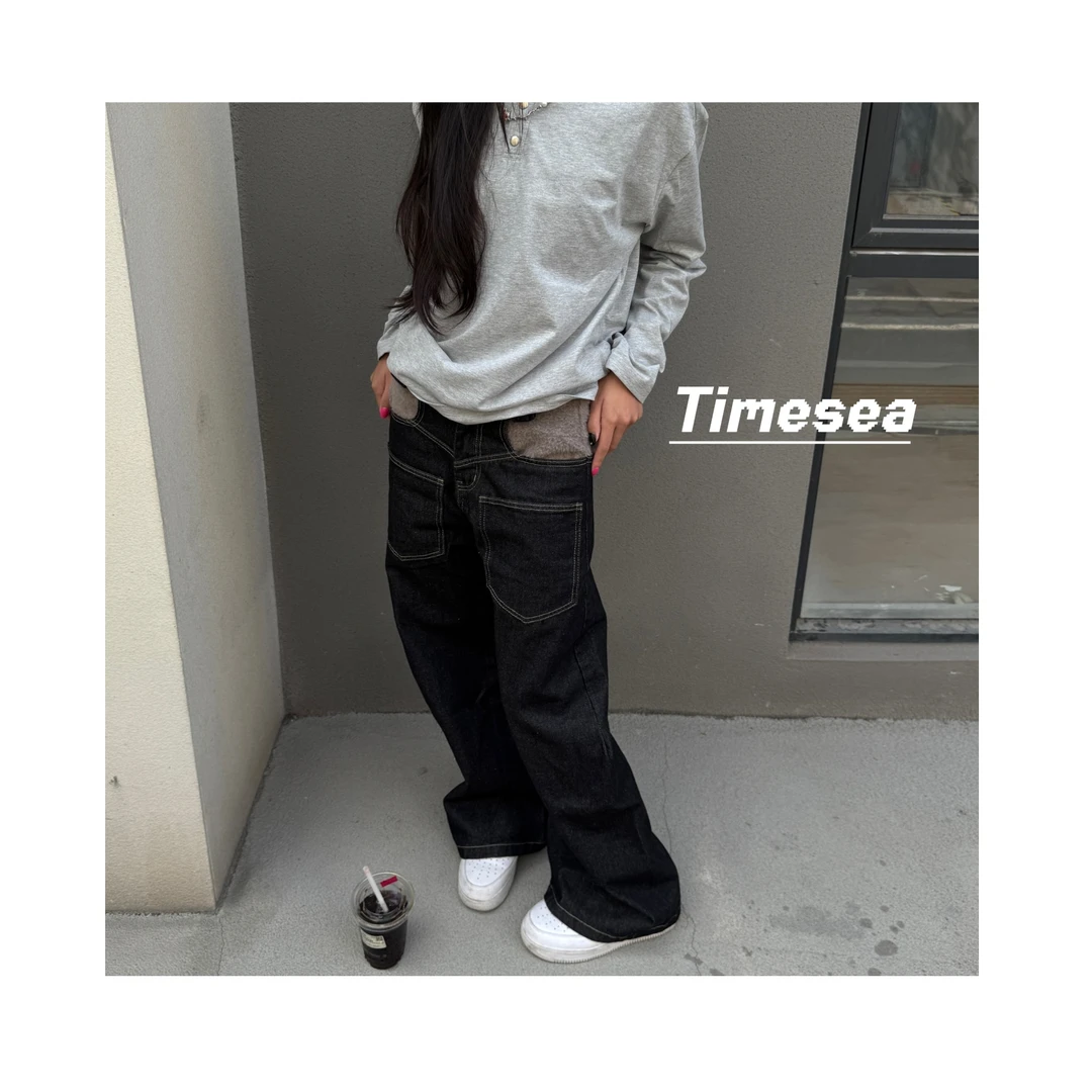 TimeSea美式复古水洗拼接弯刀牛仔裤男女街头潮牌宽松