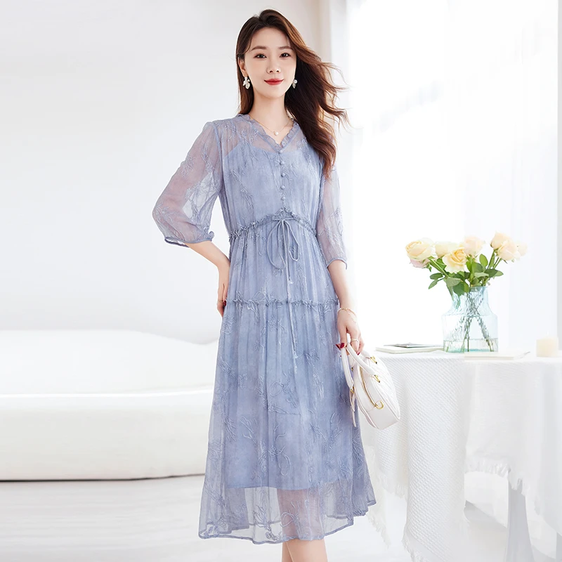 2025夏杭州品牌真丝刺绣连衣裙女简约V领气质显瘦妈妈桑蚕丝长裙