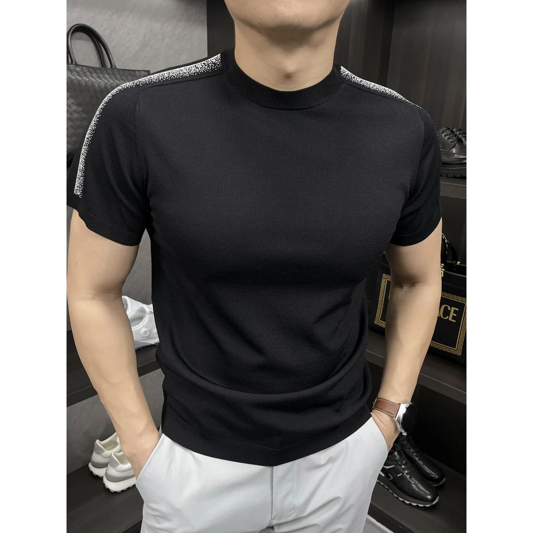 夏季新款FIMOS男士撞色拼接马鞍肩短袖圆领针织衫T恤透气舒适GT58